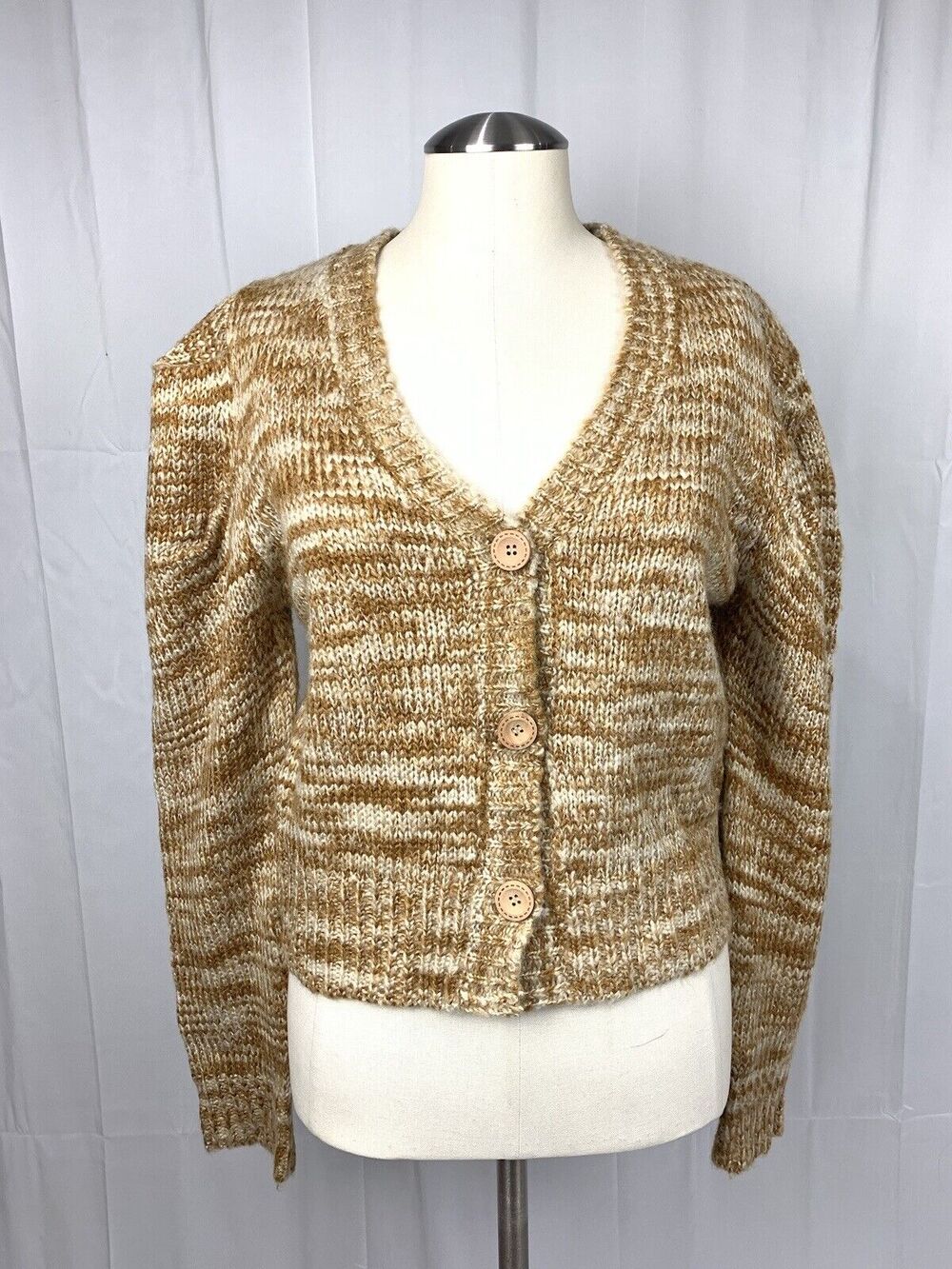 En Saison Puff Sleeve Space Crew Cardigan Tan Cream Size S Coquette Feminine